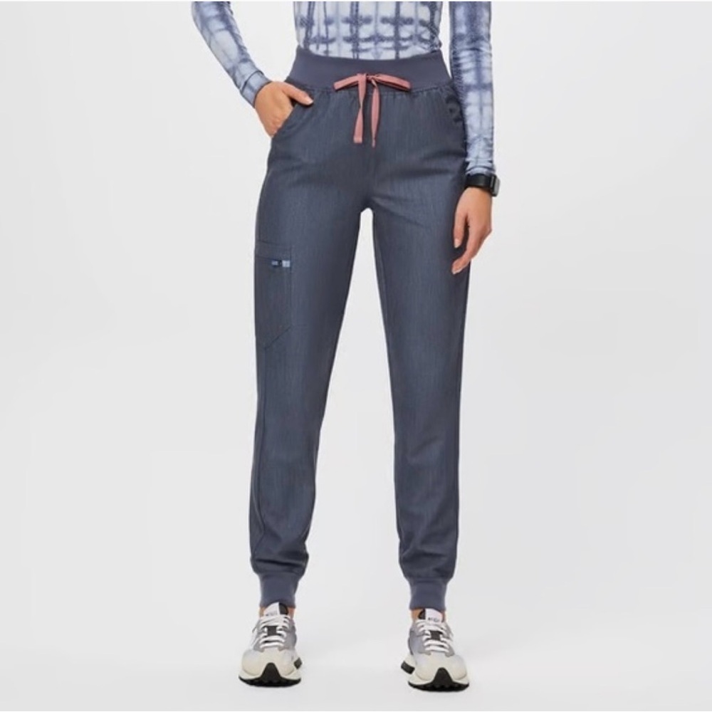 Figs Women's Slate Pinstripe Jogger Scrub Pants with Dusty Rose Drawstring